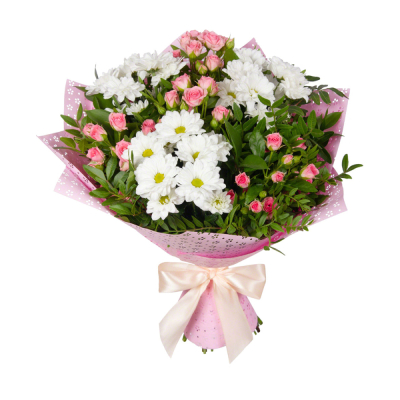 Букет «Волшебный сад» – гармония кустовых роз и белоснежных хризантем Ломоносов Санкт-Петербург