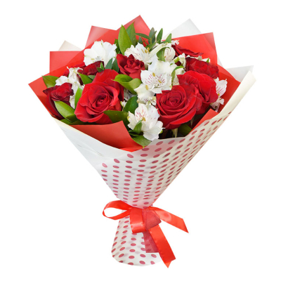 Букет из красных роз и белоснежных альстромерий – гармония страсти и нежности Ломоносов Санкт-Петербург