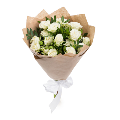 Изысканный букет из 5 белых кустовых роз с фисташковой зеленью Ломоносов Санкт-Петербург
