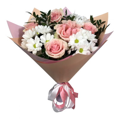 Букет из розовых роз и хризантем – нежность и долговечность Ломоносов Санкт-Петербург
