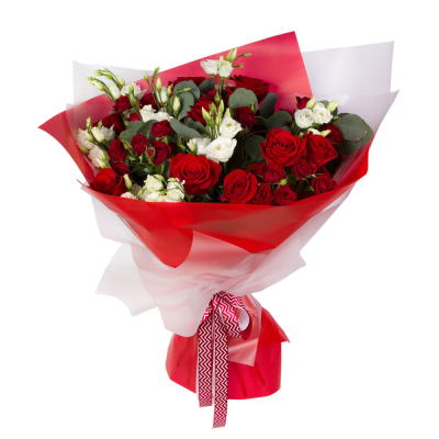 Контрастный букет «Рандеву» – красные розы и белые эустомы Ломоносов Санкт-Петербург